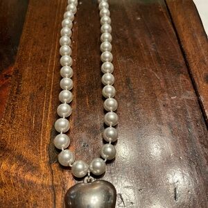 Classic Silver Pearl Necklace with Heart Pendant
